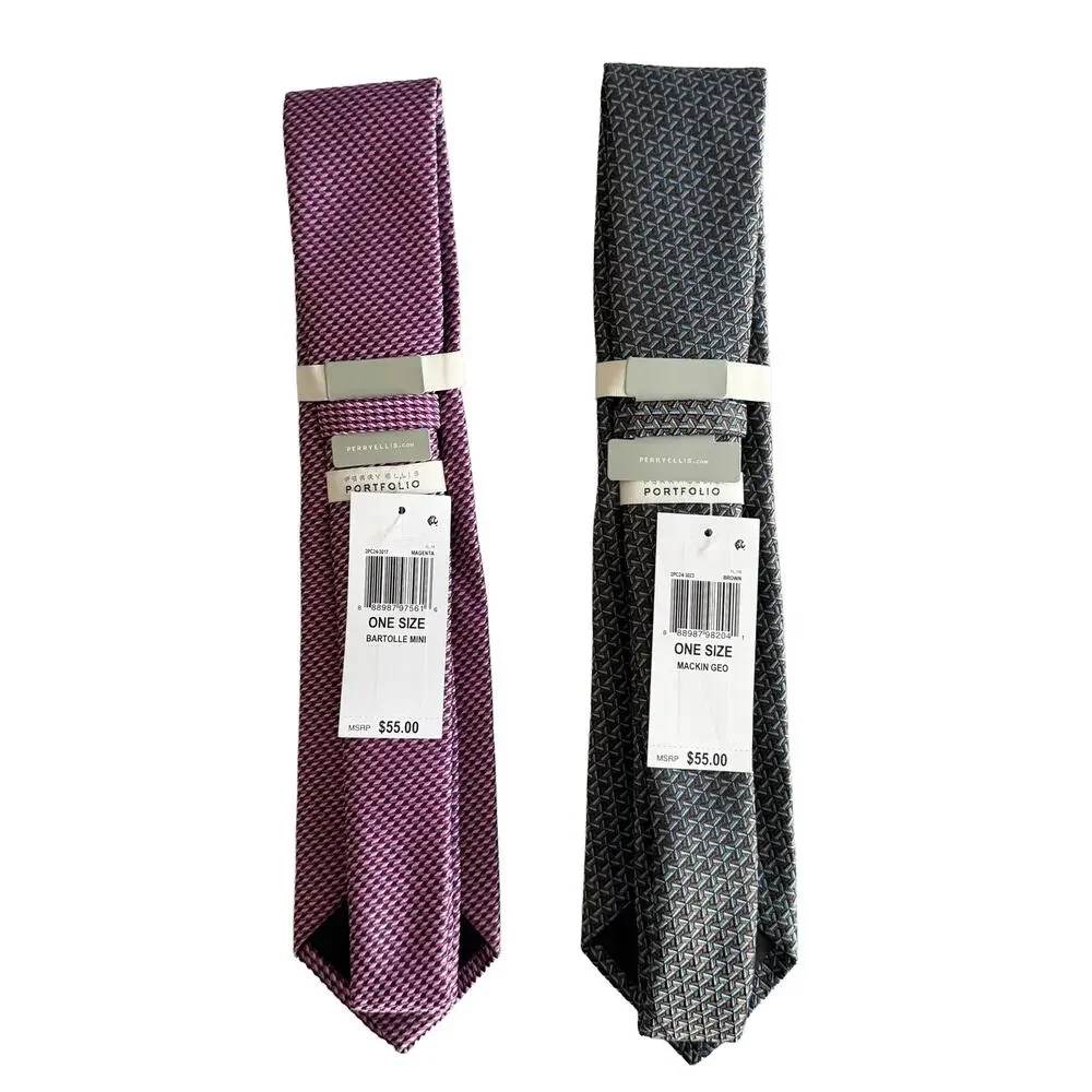 Perry Ellis Portfolio Men's Ties Lot of 2 Red Bartolle Mini & Brown Mackin Geo